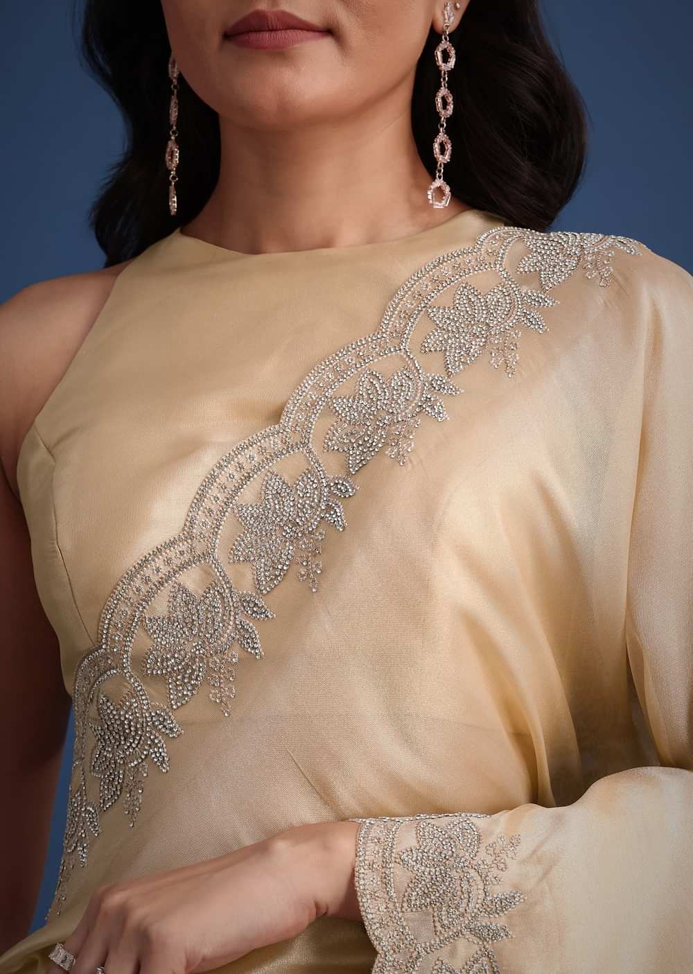 Peach Tissue Saree With Diamonds Embroidered Border