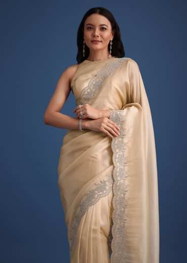 Peach Tissue Saree With Diamonds Embroidered Border