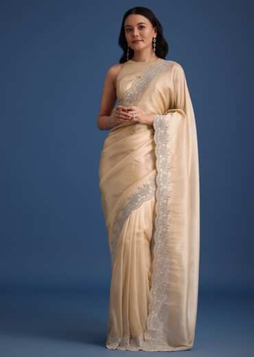 Peach Tissue Saree With Diamonds Embroidered Border