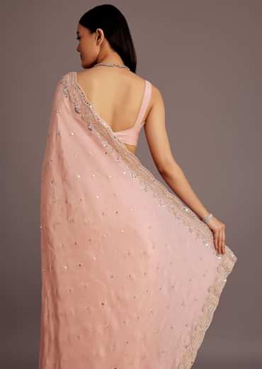 Peach Tissue Saree With Mirror Embroidered Border