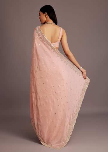 Peach Tissue Saree With Mirror Embroidered Border