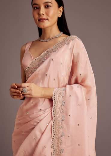 Peach Tissue Saree With Mirror Embroidered Border