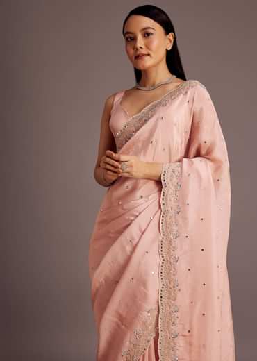 Peach Tissue Saree With Mirror Embroidered Border