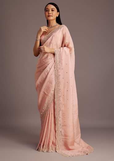 Peach Tissue Saree With Mirror Embroidered Border