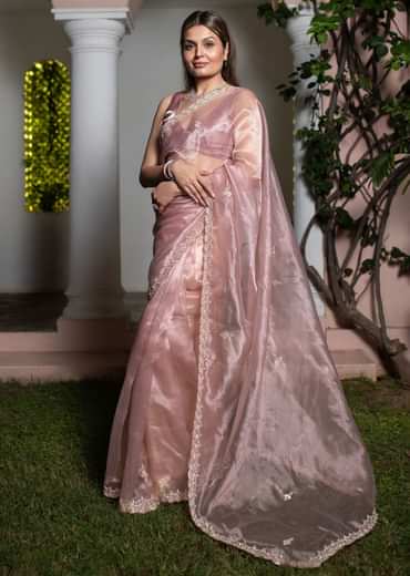 Pink Tissue Silk Cutdana Work Saree With Embellished Scallop Border