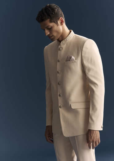 Peach Viscose Jodhpuri Suit For Men With Hand Embroidery