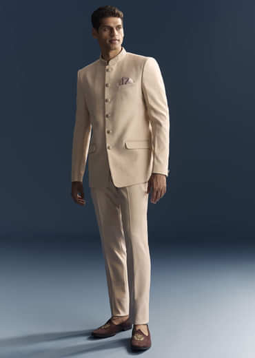 Peach Viscose Jodhpuri Suit For Men With Hand Embroidery