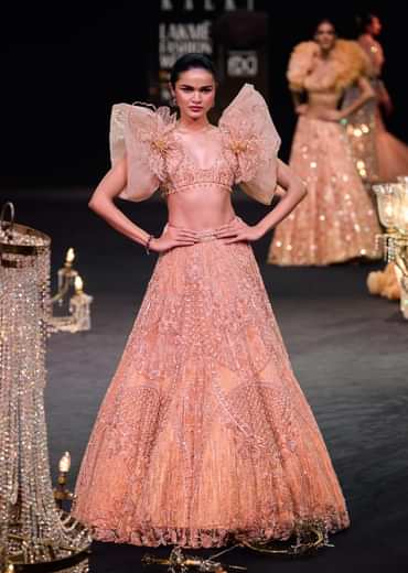 Peach Zardosi Lehenga With Dramatic Net Sleeves Blouse