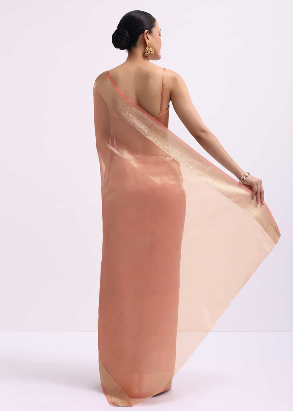 Peach Zari Woven Chanderi Saree With Unstitched Blouse