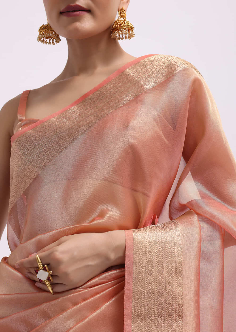 Peach Zari Woven Chanderi Saree With Unstitched Blouse