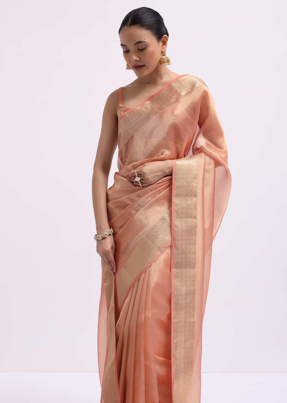 Peach Zari Woven Chanderi Saree With Unstitched Blouse