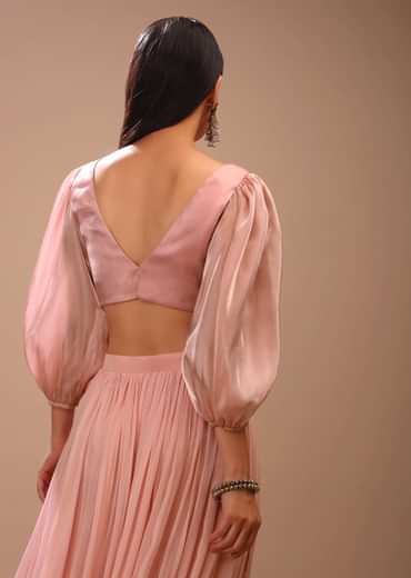 Peach skin Blouse In Organza With Plunging V Neckline And Three Quarter Balloon Sleeves