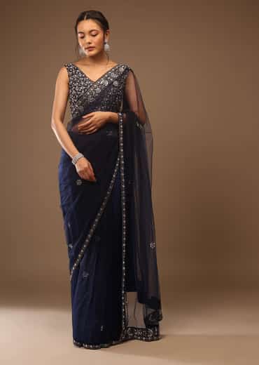 Peacoat Blue Saree With The Crop In Stones Embellishment