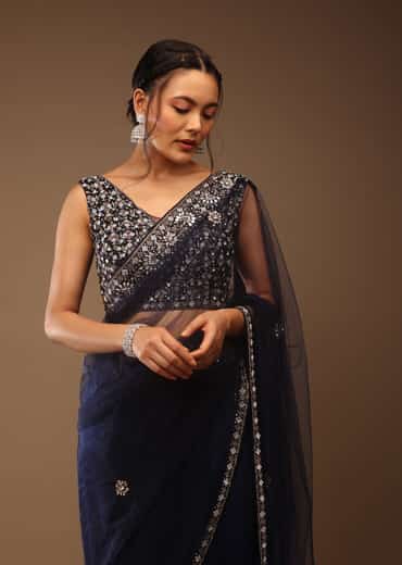 Peacoat Blue Saree With The Crop In Stones Embellishment