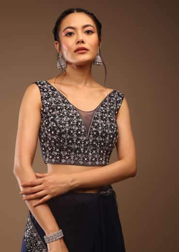 Peacoat Blue Saree With The Crop In Stones Embellishment