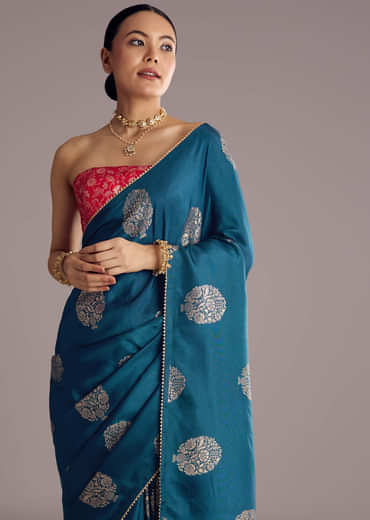 Peacock Blue Dola Silk Brocade Saree With Gotapatti Border