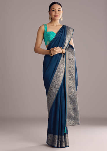 Peacock Blue Dola Silk Saree With Woven Border And Pallu