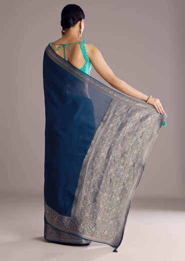 Peacock Blue Dola Silk Saree With Woven Border And Pallu