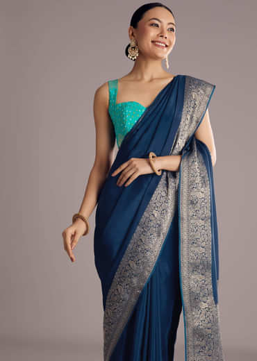 Peacock Blue Dola Silk Saree With Woven Border And Pallu