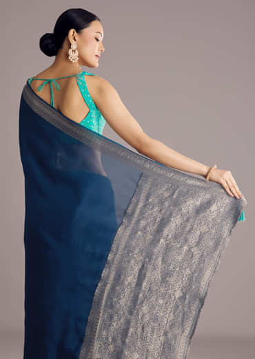 Peacock Blue Dola Silk Saree With Woven Border And Pallu