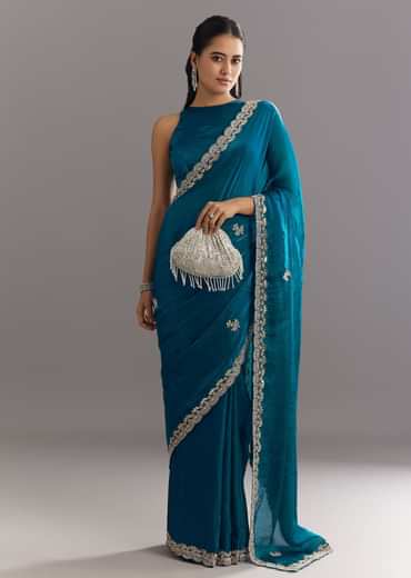 Peacock Blue Satin Saree With Gota Patti Embroidery And Scallop Border