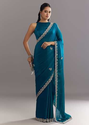 Peacock Blue Satin Saree With Gota Patti Embroidery And Scallop Border
