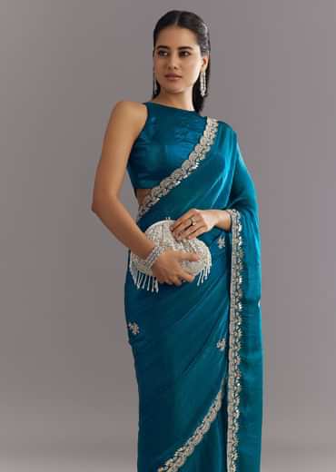 Peacock Blue Satin Saree With Gota Patti Embroidery And Scallop Border