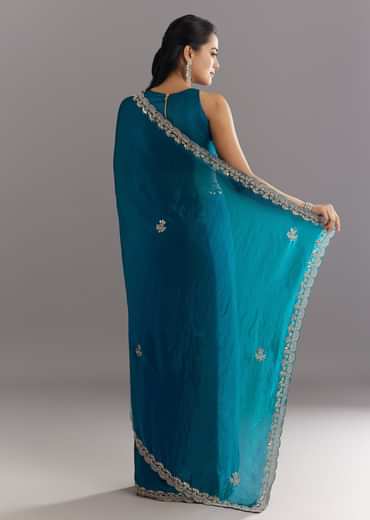Peacock Blue Satin Saree With Gota Patti Embroidery And Scallop Border