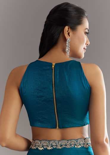 Peacock Blue Satin Saree With Gota Patti Embroidery And Scallop Border