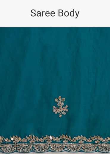 Peacock Blue Satin Saree With Gota Patti Embroidery And Scallop Border