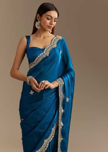 Peacock Blue Satin Saree With Gotapatti Zardosi Stones And Cutdana Embroidery