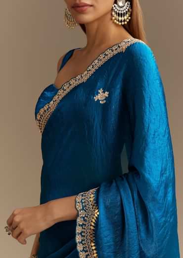 Peacock Blue Satin Saree With Gotapatti Zardosi Stones And Cutdana Embroidery