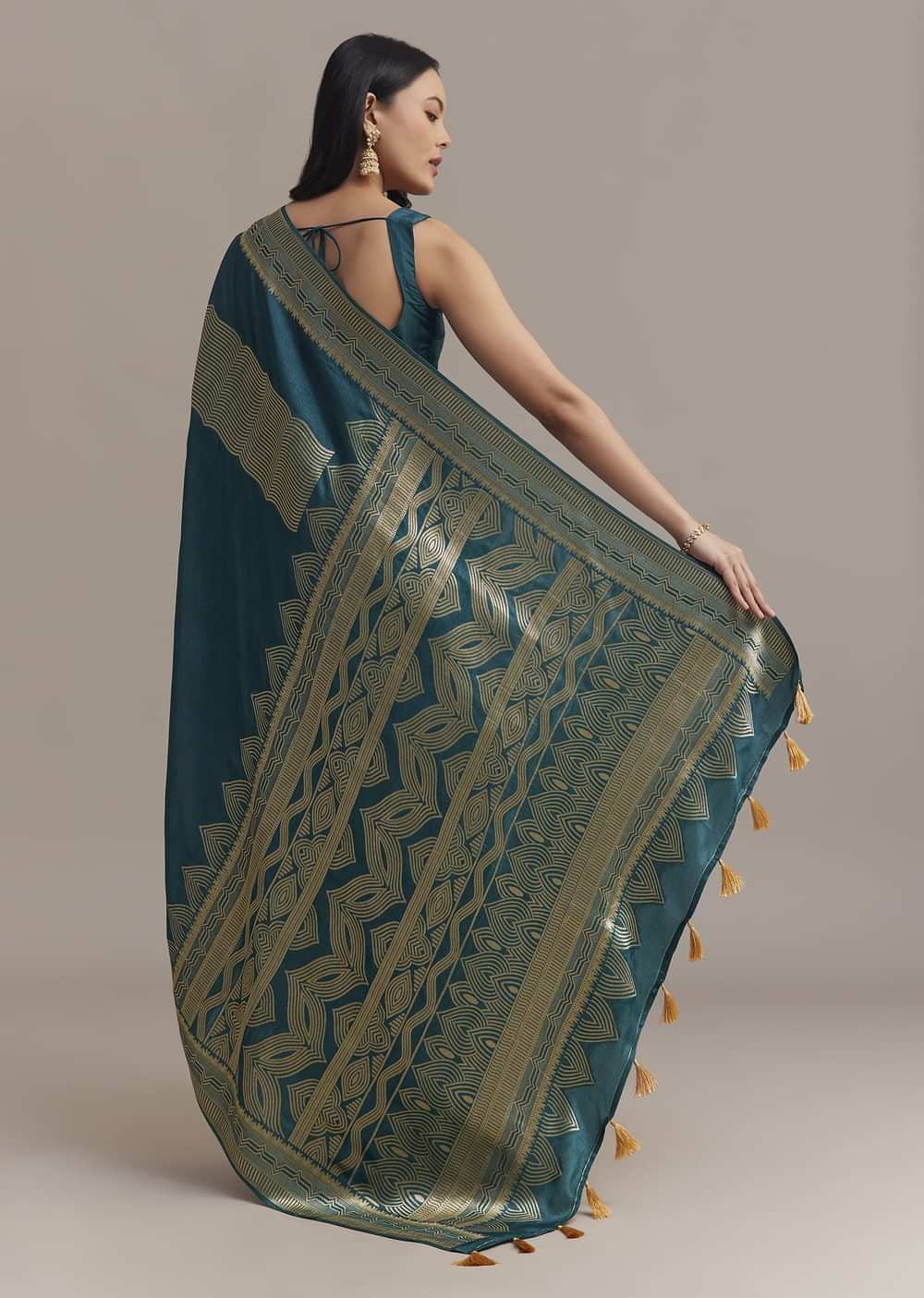 Peacock Blue Dola Silk Saree With All Over Zari Weaving