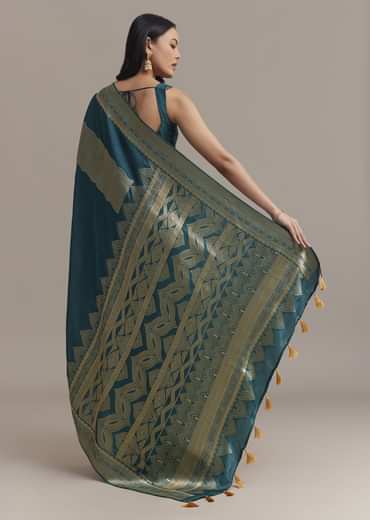 Peacock Blue Dola Silk Saree With All Over Zari Weaving