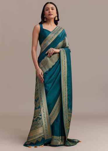 Peacock Blue Dola Silk Saree With All Over Zari Weaving