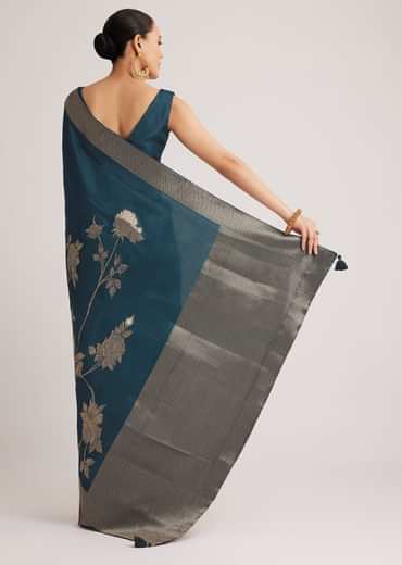 Peacock Blue Dola Silk Saree With Floral Motif