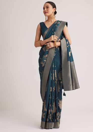Peacock Blue Dola Silk Saree With Floral Motif