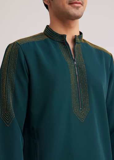 Peacock Blue Lycra Kurta Set With Bead Work