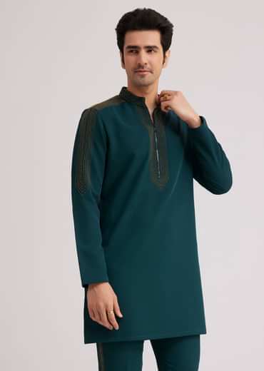 Peacock Blue Lycra Kurta Set With Bead Work