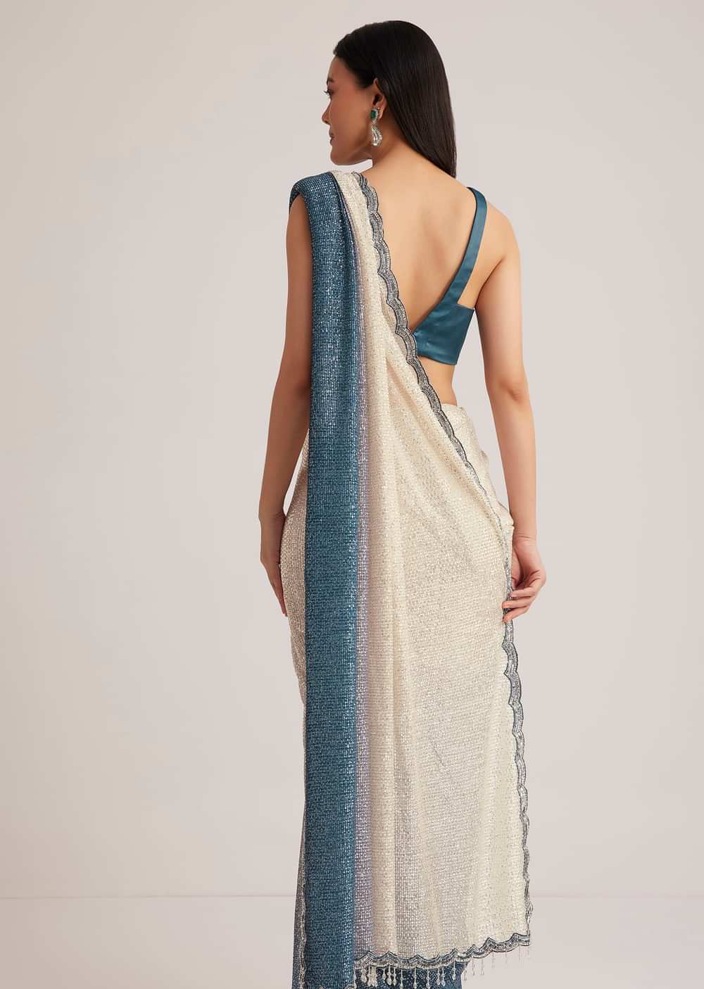 Peacock Blue Ombre Sequins Saree With Scalloped Embroidered Border