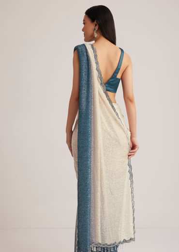 Peacock Blue Ombre Sequins Saree With Scalloped Embroidered Border