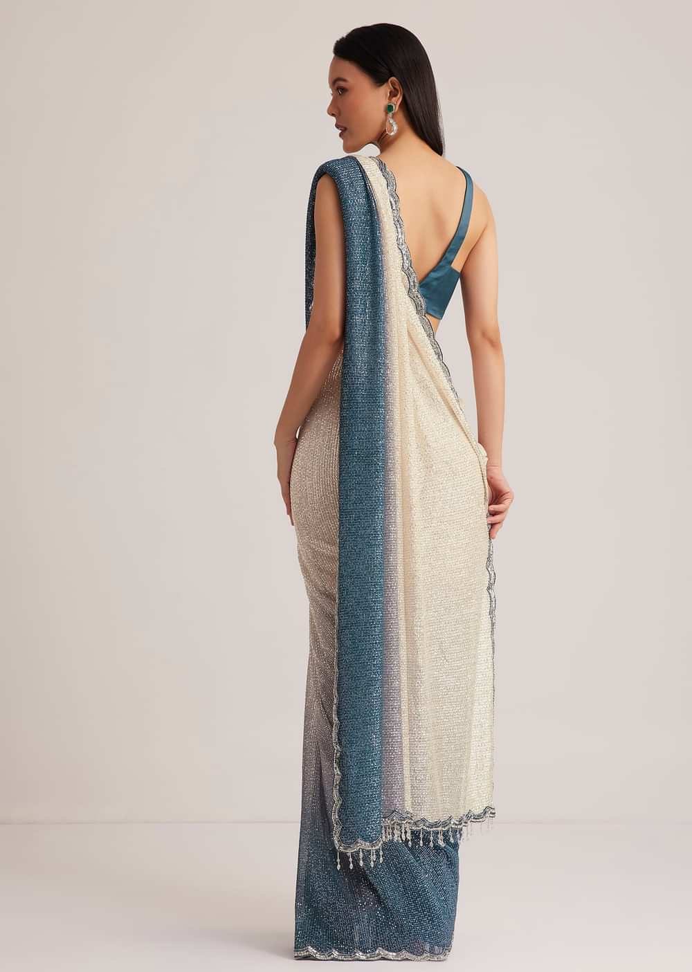 Peacock Blue Ombre Sequins Saree With Scalloped Embroidered Border