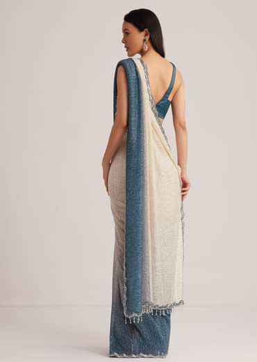 Peacock Blue Ombre Sequins Saree With Scalloped Embroidered Border