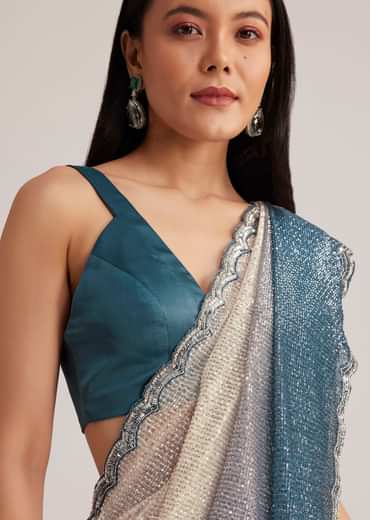 Peacock Blue Ombre Sequins Saree With Scalloped Embroidered Border