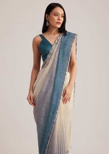 Peacock Blue Ombre Sequins Saree With Scalloped Embroidered Border