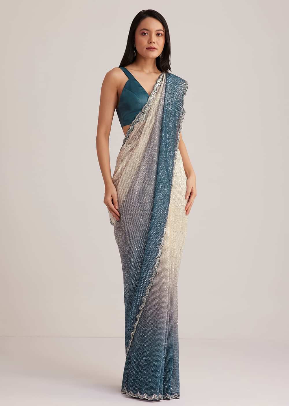 Peacock Blue Ombre Sequins Saree With Scalloped Embroidered Border