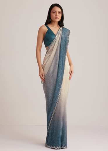 Peacock Blue Ombre Sequins Saree With Scalloped Embroidered Border