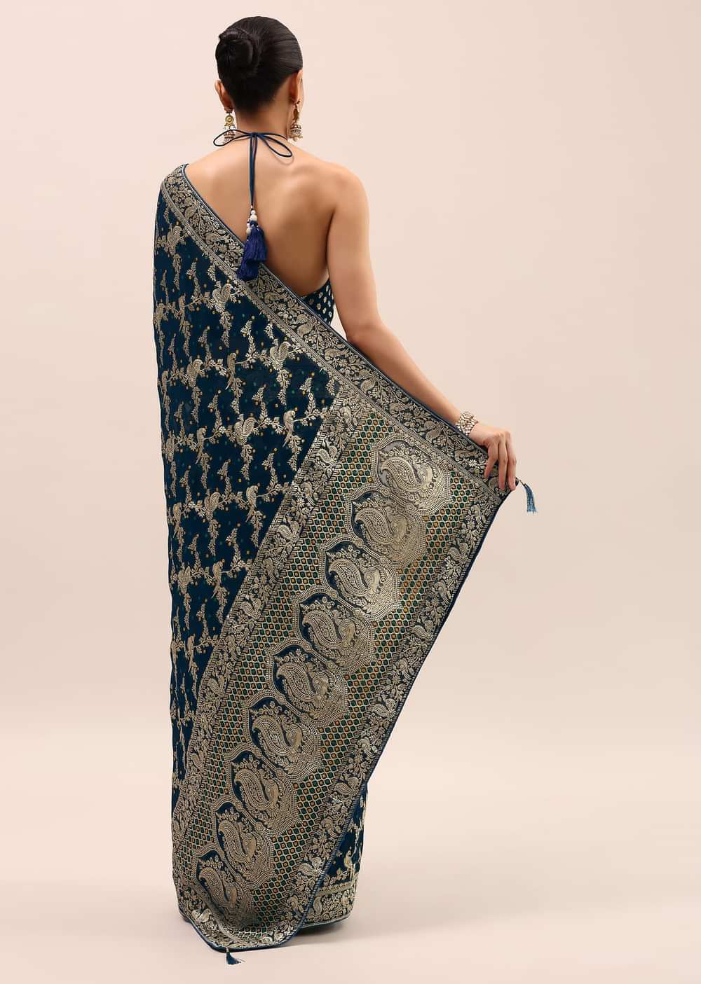Peacock Blue Saree In Zari Jaal With Unstitched Blouse