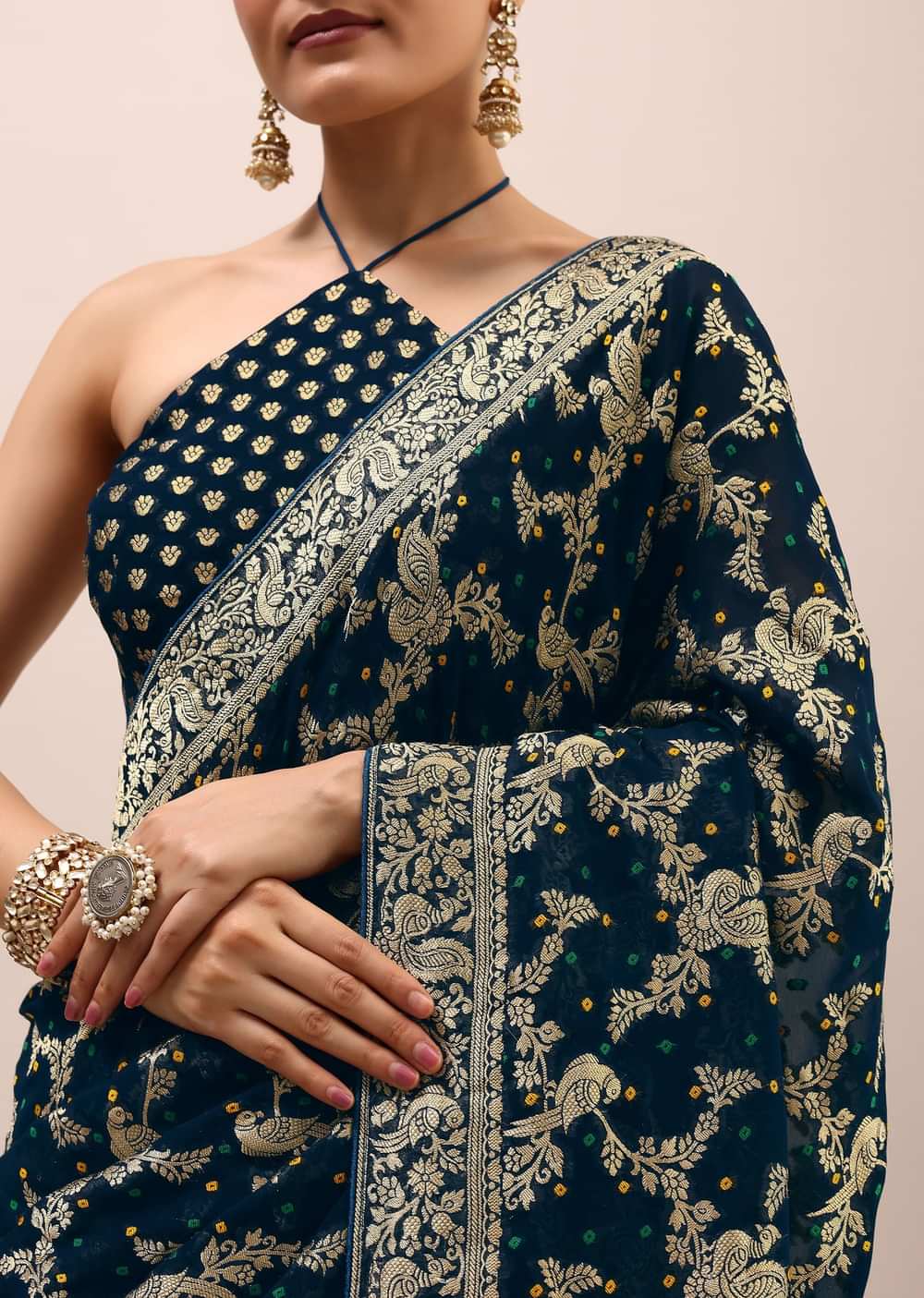 Peacock Blue Saree In Zari Jaal With Unstitched Blouse