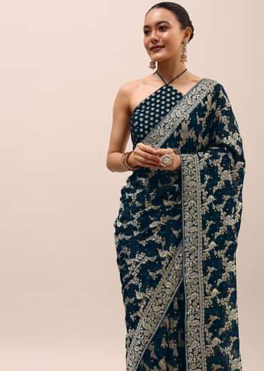 Peacock Blue Saree In Zari Jaal With Unstitched Blouse